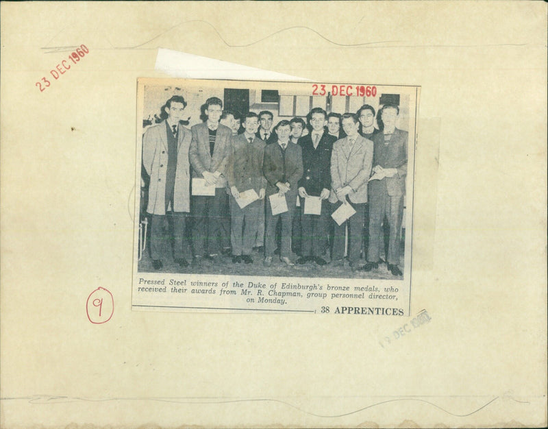 Apprentices receive Duke of Edinburgh's bronze medals. - Vintage Photograph