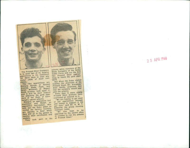 On April 25th, 1960, two Cowley apprentices of The Pressed Steel Company, Richard Strode and Ralph Willmott, were rewarded for attaining the gold standard of the Duke of Edinburgh's award scheme. - Vintage Photograph