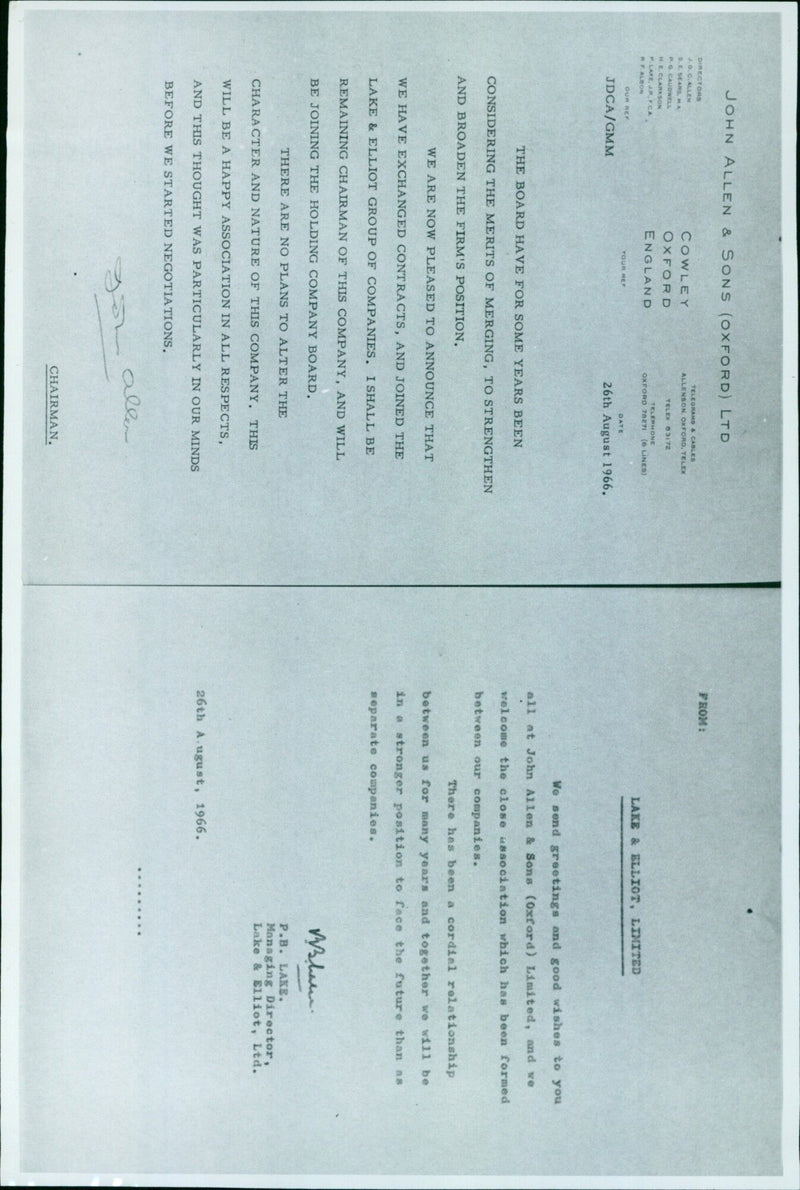 J.D.C. Allen and S.E. Sears of John Allen & Sons (Oxford) Ltd and Bhan P.B. Lake of Lake & Elliot Ltd exchange contracts to join their companies together. - Vintage Photograph