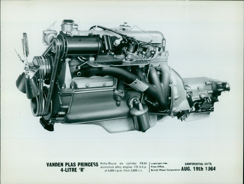 A VANDEN PLAS PRINCESS Rolls-Royce six cylinder FB.60 4-LITRE 'R' aluminium alloy engine. - Vintage Photograph