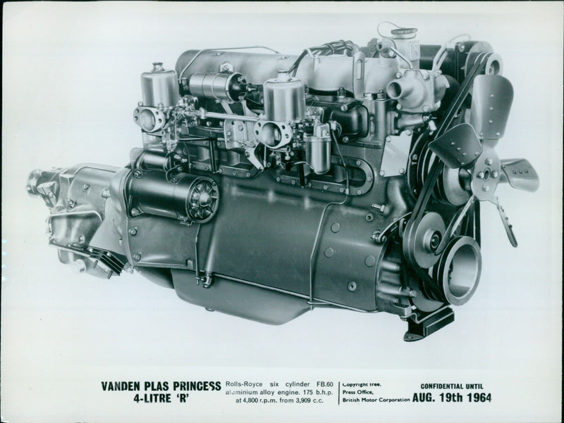 A close-up of a Rolls-Royce Vanden Plas Princess FB.60 engine. - Vintage Photograph