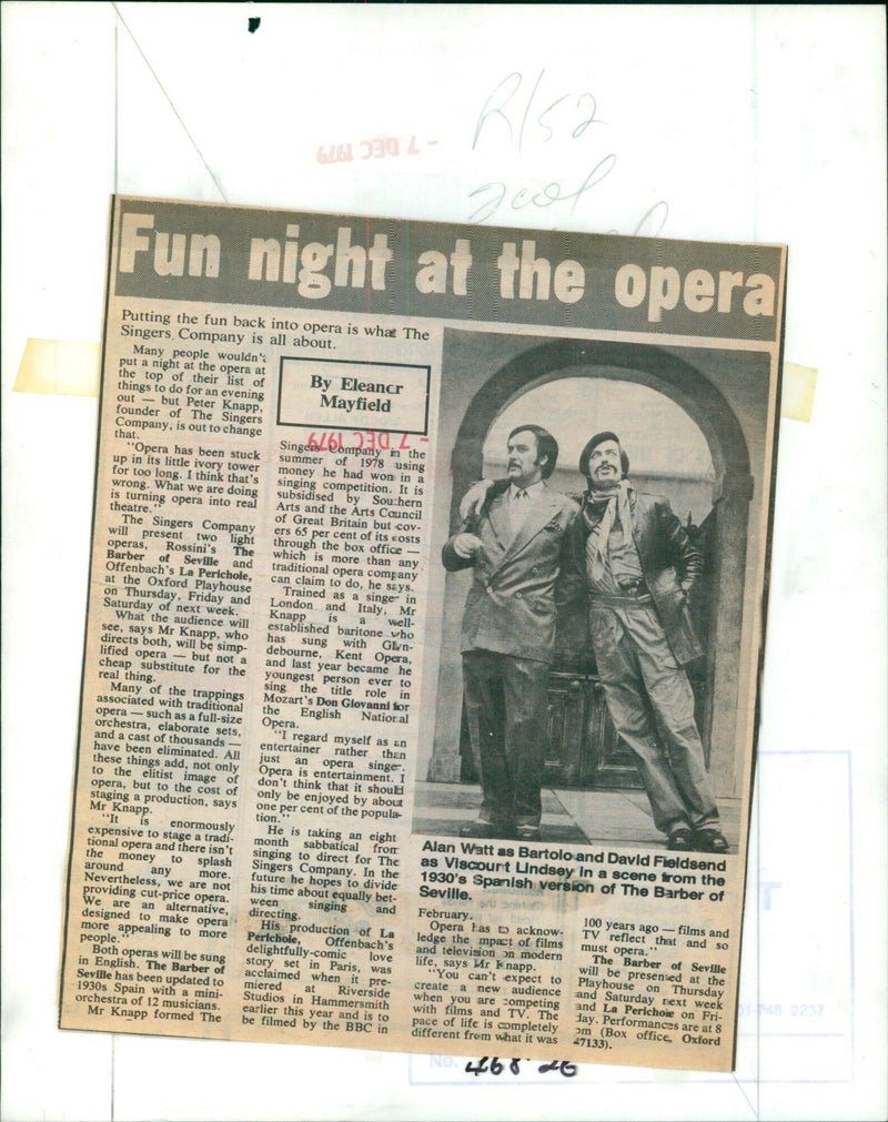 Peter Knapp, founder of The Singers Company, is out to put the fun back into opera with two light operas, Rossini's Barber of Seville and Offenbach's La Perichole, to be presented at Oxford Playhouse next week. - Vintage Photograph