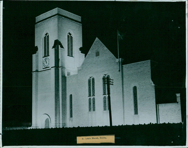 St. Luke's Church in Gowley, England is illuminated by floodlights. - Vintage Photograph