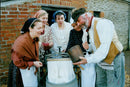 From left to right, Paddy Marshall as Tevye, Kari Ashton, Sally Ann Hitchman, Brouwen Thomas, and Alison Marshall as Golde in a scene from the musical "Fiddler on the Roof". - Vintage Photograph
