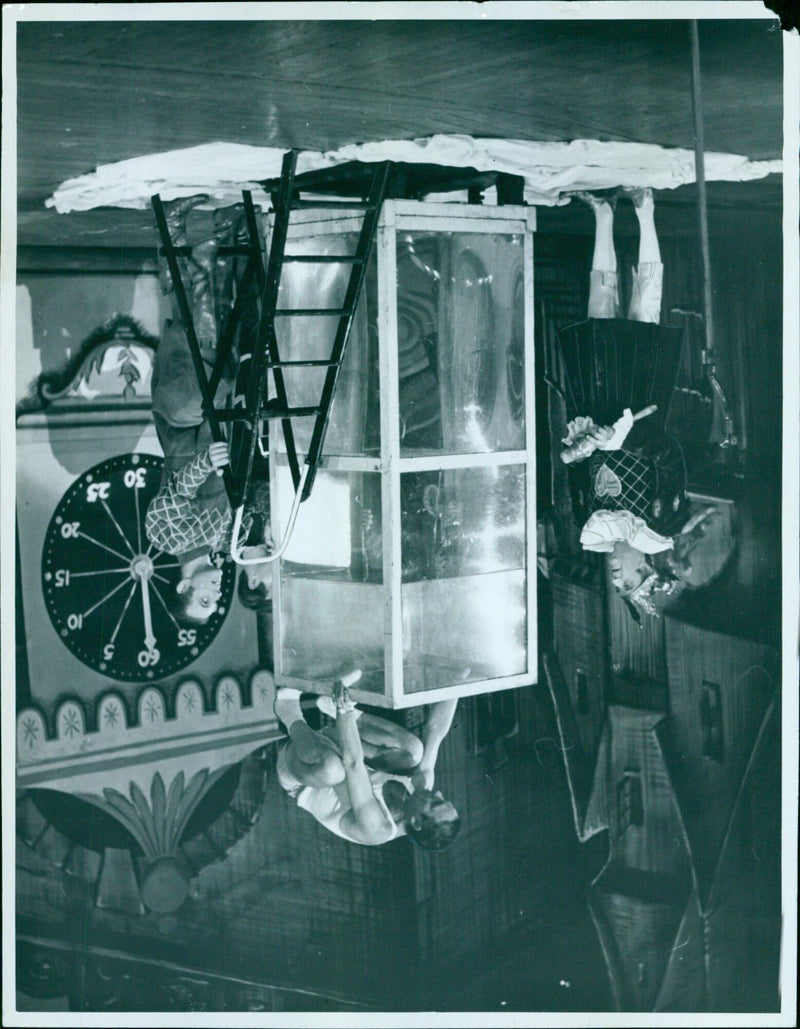 Pantomime characters Humpty Dumpty and Little Red Riding Hood perform onstage in Oxford, UK. - Vintage Photograph