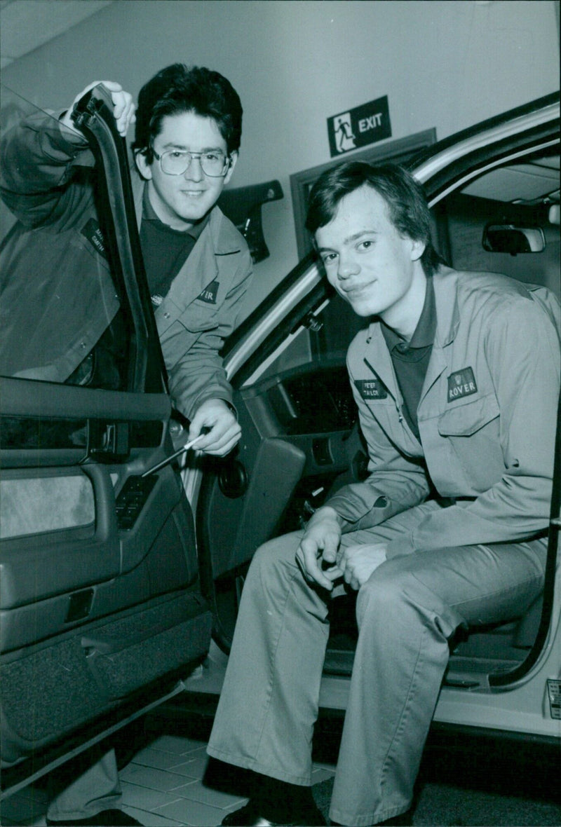 Apprentices Martin Smith and Peter Taylor work on a Rover Rouge at Rover University in High Gaples. - Vintage Photograph