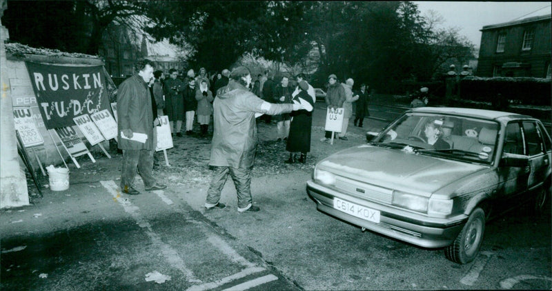 Protesters in Headington gather outside the gates of Pergamon Press. - Vintage Photograph