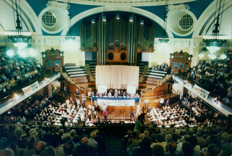 Pensioners gathered at the Methodist Central Hall in Westminster to receive justice for Maxwell's victims. - Vintage Photograph