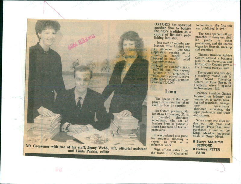 Oxford-based Ivanhoe Press Limited founder, Jonathan Grosvenor, with two of his staff, Jenny Webb and Linda Parkin. - Vintage Photograph