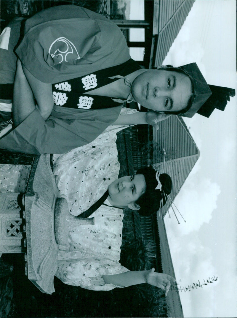 From left to right, James Studds as The Mikado, Victoria Crouch as Katisha in a production of Gilbert and Sullivan's The Mikado at the Drama Playhouse in Oxford. - Vintage Photograph