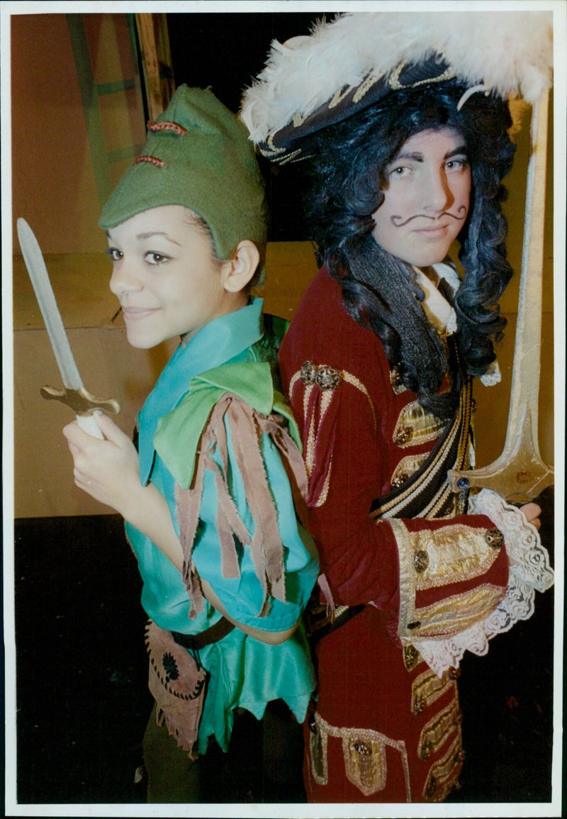 Jaime Meade and Lara Sinmonds perform in the British musical, Peter Pan, at the Old Fire Station. - Vintage Photograph