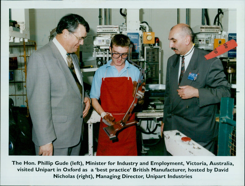 Minister for Industry and Employment Phillip Gude visits Unipart Industries in Oxford, England. - Vintage Photograph