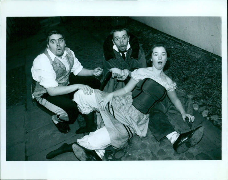 Cast members of the Offord Playhouse's production of OX. DRAMA ALEX MACLAREN-SUBTLE MARTIN MILLER-FACE (left) RUTH DRISCOLL - DOL THE ALCHEMIST pose for a photograph. - Vintage Photograph