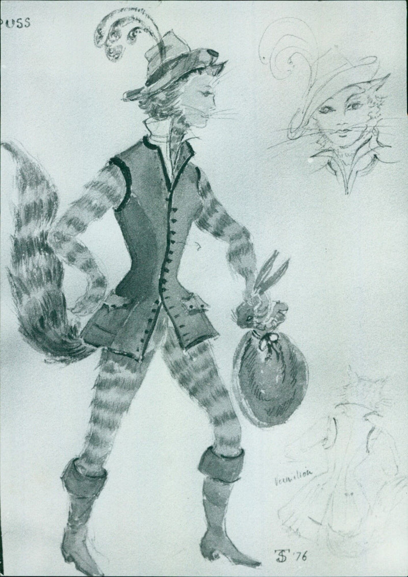 Costume sketch for Puss in the Playhouse Panto by Julia Squire. - Vintage Photograph