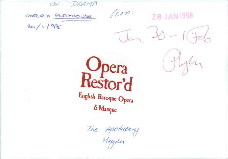 The Oxford Playhouse presents a production of the English Baroque opera and masque, "The Apothecary Mayde", on January 30th, 1998. - Vintage Photograph