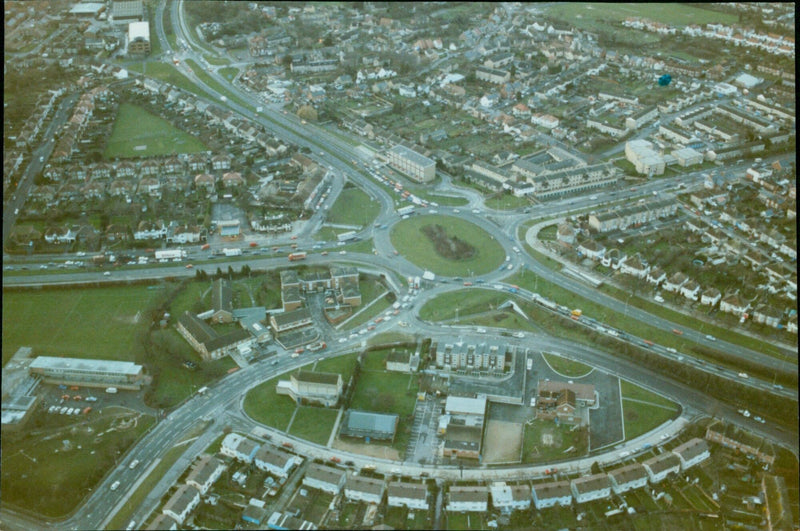 Aerial view of a green and red roundabout in Headington, Oxford, England. - Vintage Photograph