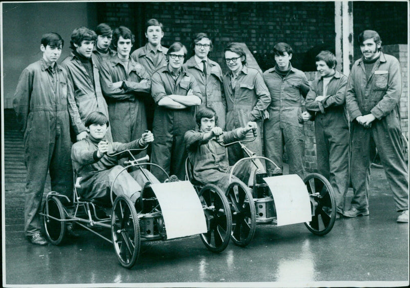 Apprentices from the Austin Morris Engineering Training Centre in Cowley, England, with the pedal cars they designed and built in their spare time. - Vintage Photograph