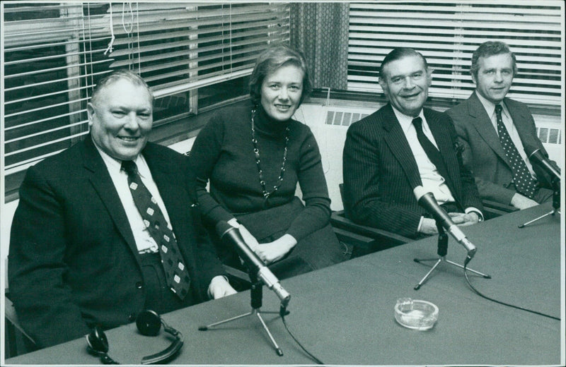 Representatives of the BBC Motoring panel discuss their opinions in the British Leyland Executive Canteen. - Vintage Photograph