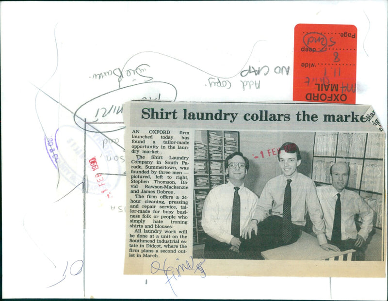 The Shirt Laundry Company founders, from left to right, Stephen Thomson, David Rawson-Mackenzie, and James Dobree, launch their 24-hour laundry service in Oxford, UK. - Vintage Photograph