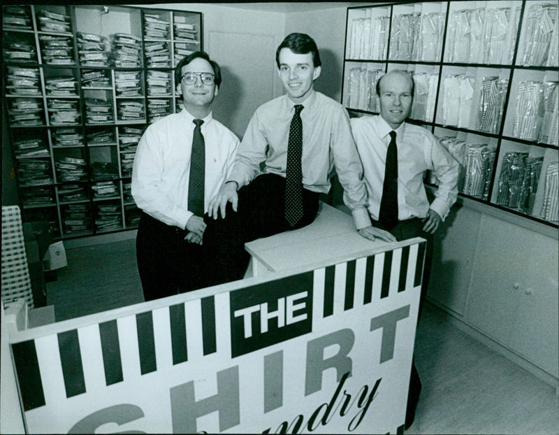 The Shirt Laundry Company founders, from left to right, Stephen Thomson, David Rawson-Mackenzie, and James Dobree, launch their 24-hour laundry service in Oxford, UK. - Vintage Photograph