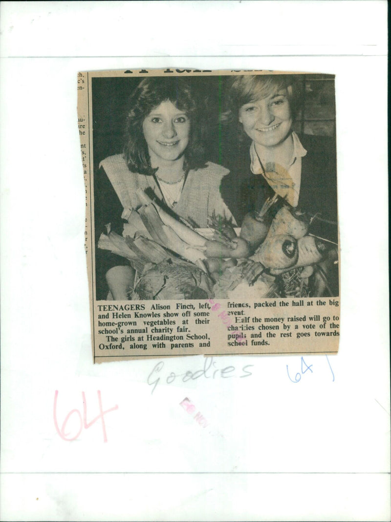 Teenagers Alison Finch and Helen Knowles showcase vegetables at the Headington School charity fair. - Vintage Photograph