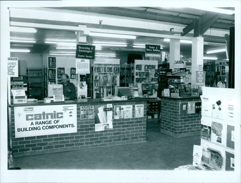 Building material suppliers Sharpe & Fisher demonstrate a range of building components at their Witney, Oxfordshire location. - Vintage Photograph