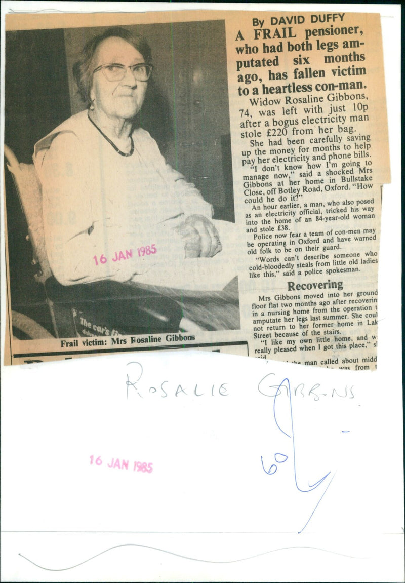 Mrs Rosaline Gibbons, 74, was left with just 10p after a bogus electricity man stole £220 from her bag. - Vintage Photograph