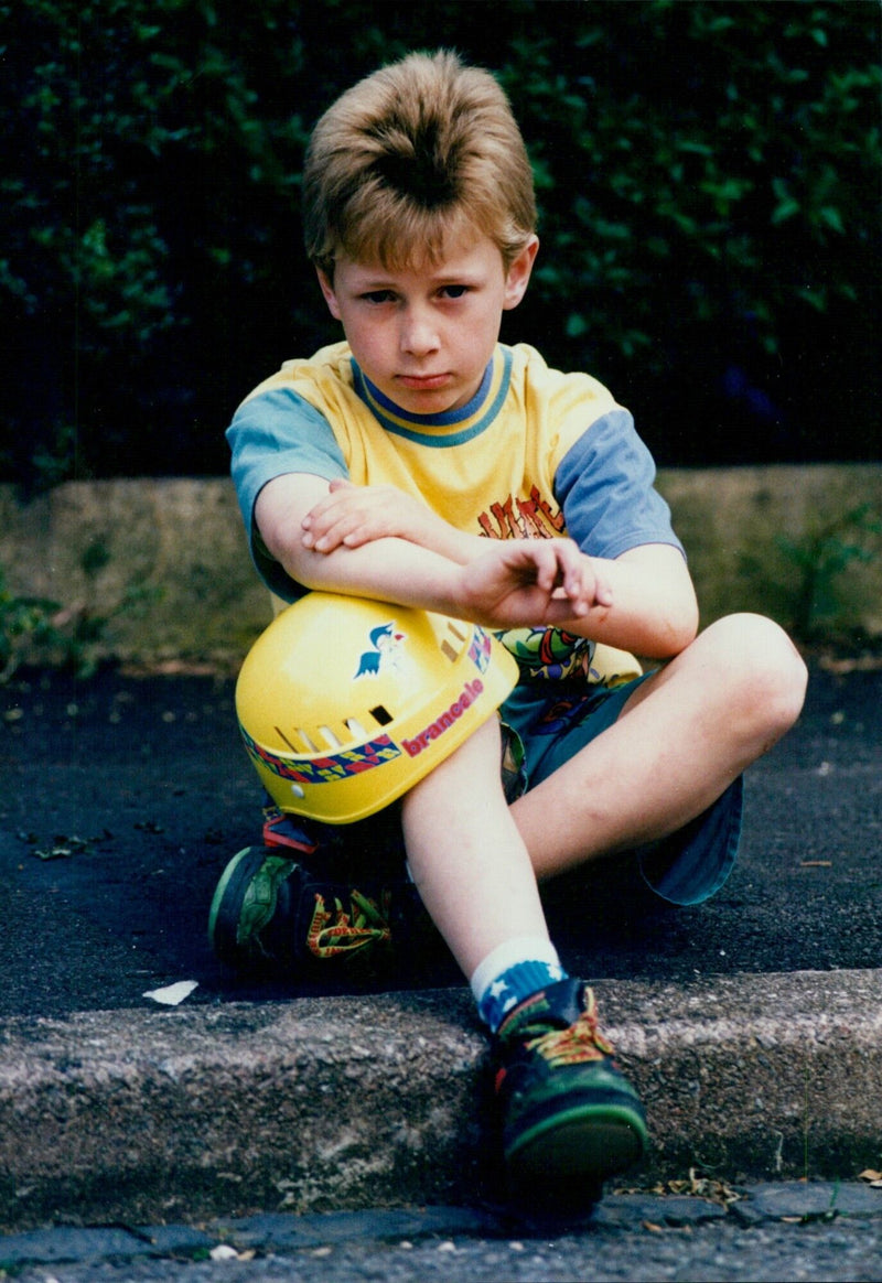 Dean Gustafson, 6, of Rose Hill, after his bike was stolen. - Vintage Photograph