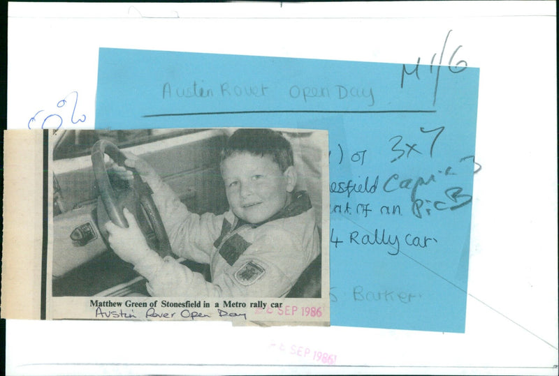 A man drives a Metro rally car at the Austin Rover Open Day rally in Stonesfield, England. - Vintage Photograph