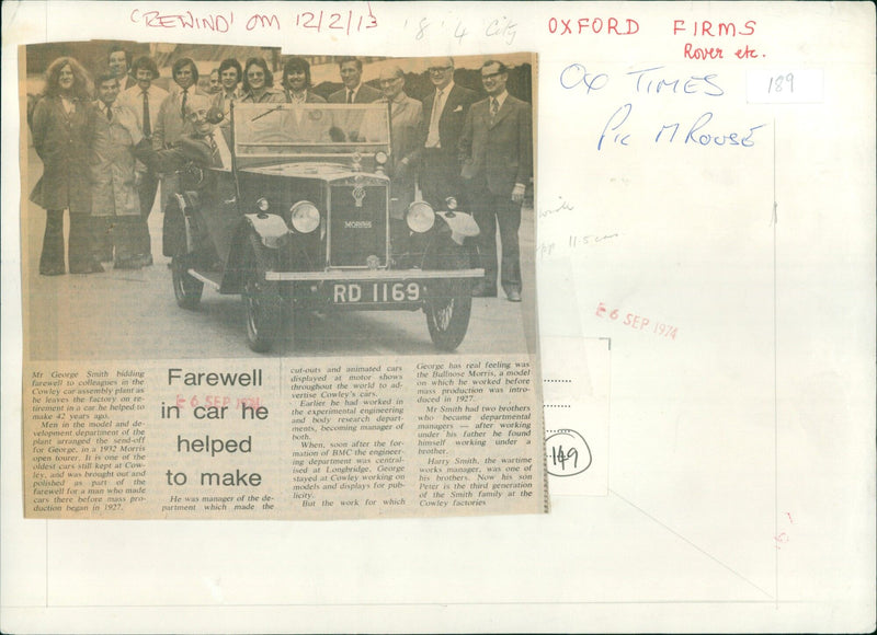 Mr George Smith bids farewell to colleagues at the Cowley car assembly plant in Oxford, UK, after 42 years of service. - Vintage Photograph