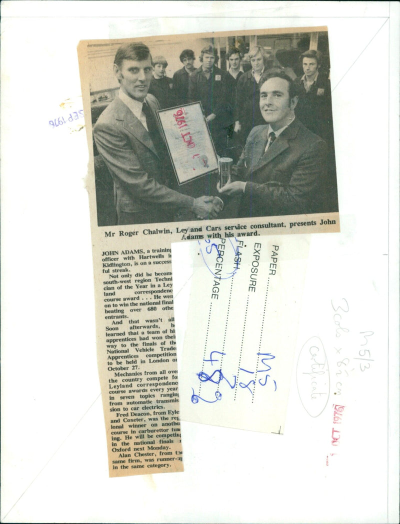 John Adams of Hartwells of Oxford Ltd. receives an award from Leyland Cars Service consultant Roger Chalwin. - Vintage Photograph