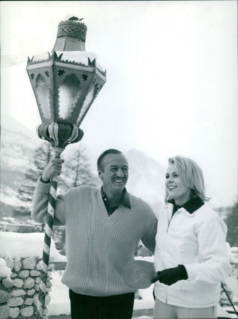 David Niven on the snowfields during the filming of "The Pink Panther" - Vintage Photograph