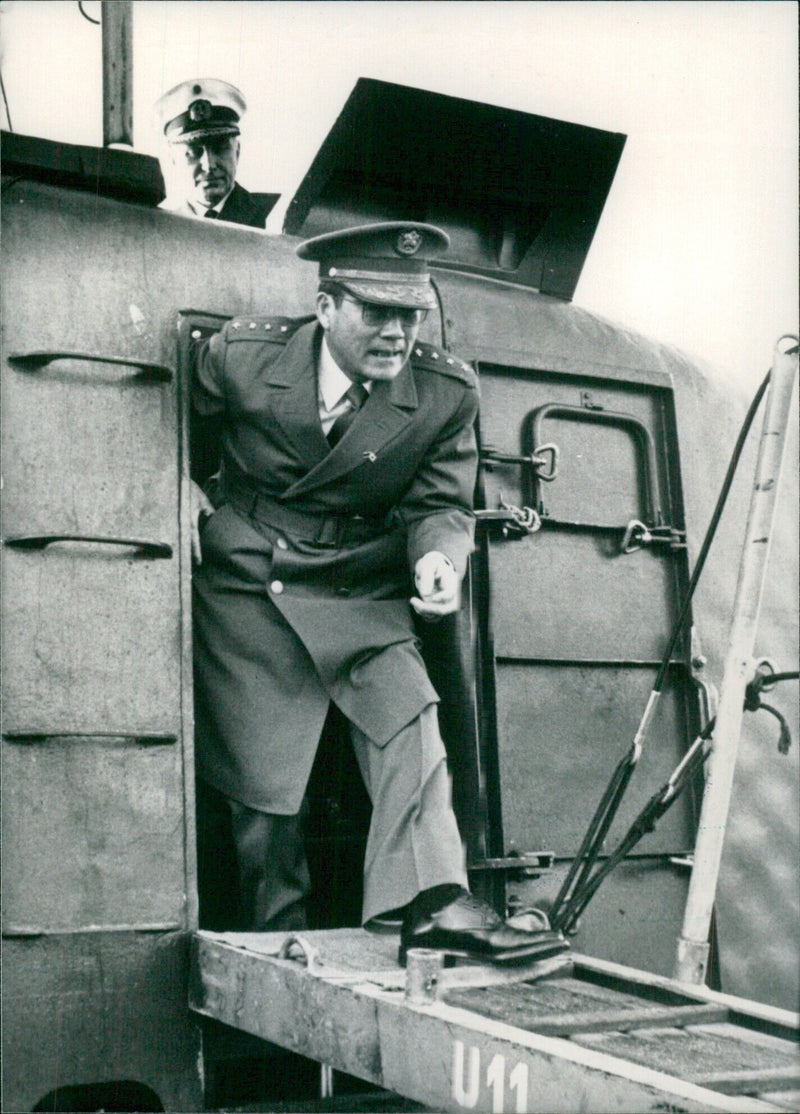 General Keitaro Watanabe, Chief of Staff of the Self Defence Agency, emerging from a West German U Boat in Kiel - Vintage Photograph