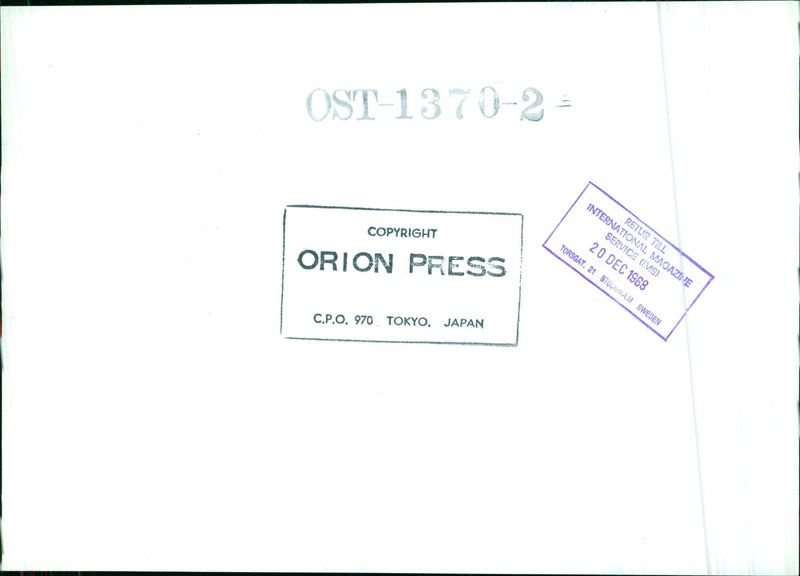 OST-1370-2- COPYRIGHT ORION PRESS C.P.O. 970 TOKYO, JAPAN INTERNATIONAL MAGAZINE RETUR TILL SERVICE (IMS) 20 DEC 1968 TORSGAT. 21 STOCKHOLM SWEDEN - Vintage Photograph