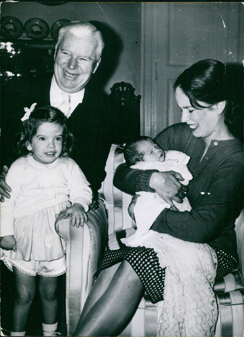 Charlie Chaplin with his daughter Jane, newborn Anette-Emily, and wife Oona - Vintage Photograph