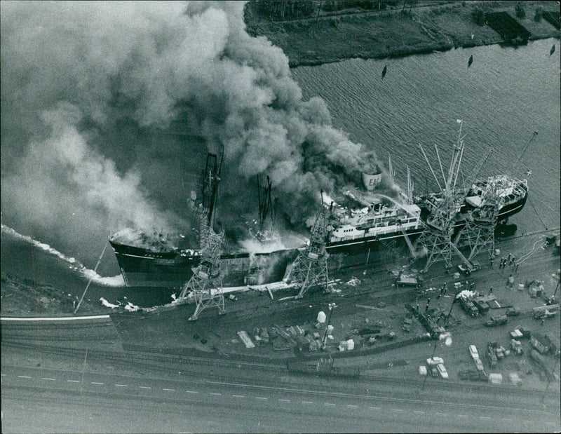 Poona is on fire in Gothenburg harbor - Vintage Photograph