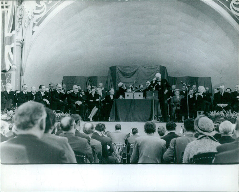 Sir Winston facing the flood lights and cameras - Vintage Photograph