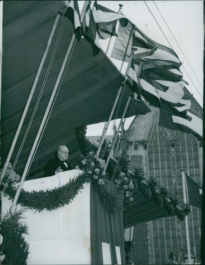 Churchill speaks in Amsterdam, United Europe flags - Vintage Photograph