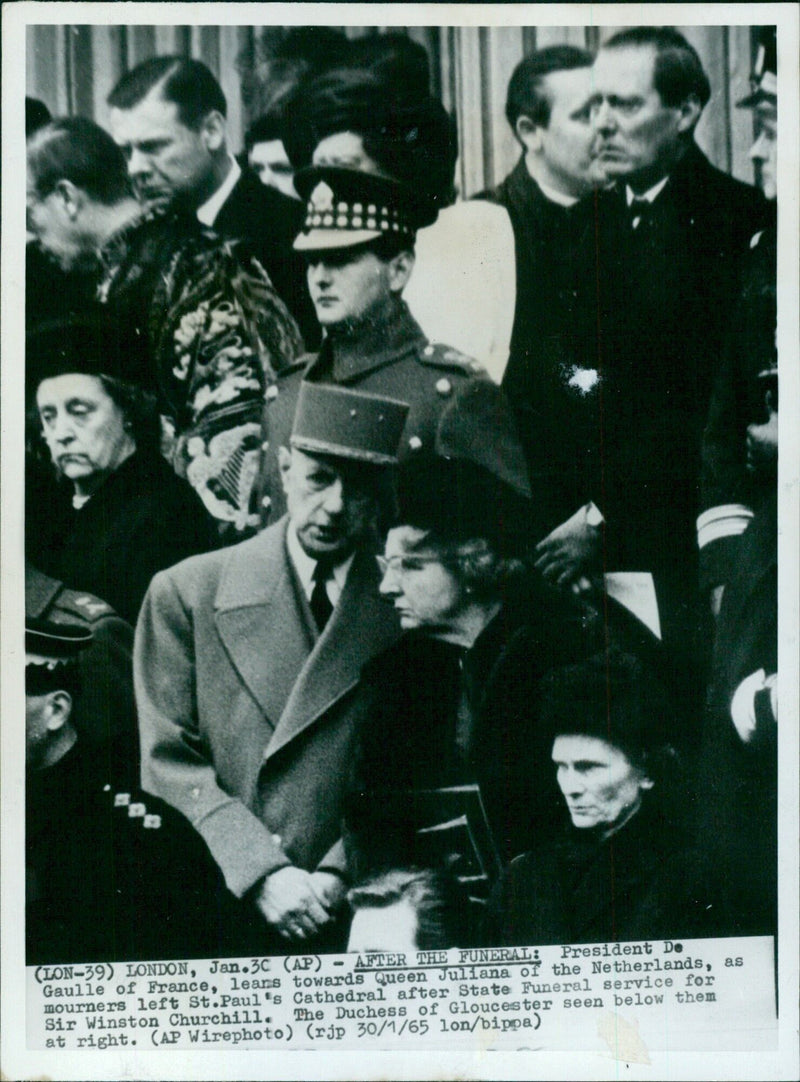 President De Gaulle of France leans towards Queen Juliana of the Netherlands at Sir Winston Churchill's State Funeral - Vintage Photograph