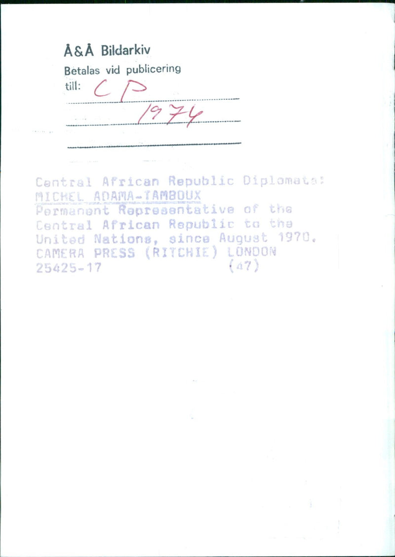 Å & Å Image Archive Payment upon publication to: CP се 1974 Central African Republic Diplomats - Vintage Photograph