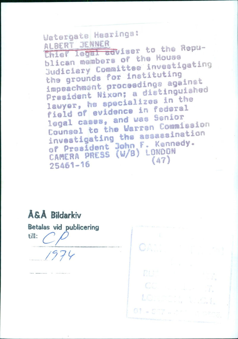 ALBERT JENNER, Chief legal adviser to the Republican members of the House Judiciary Committee investigating impeachment proceedings against President Nixon. - Vintage Photograph