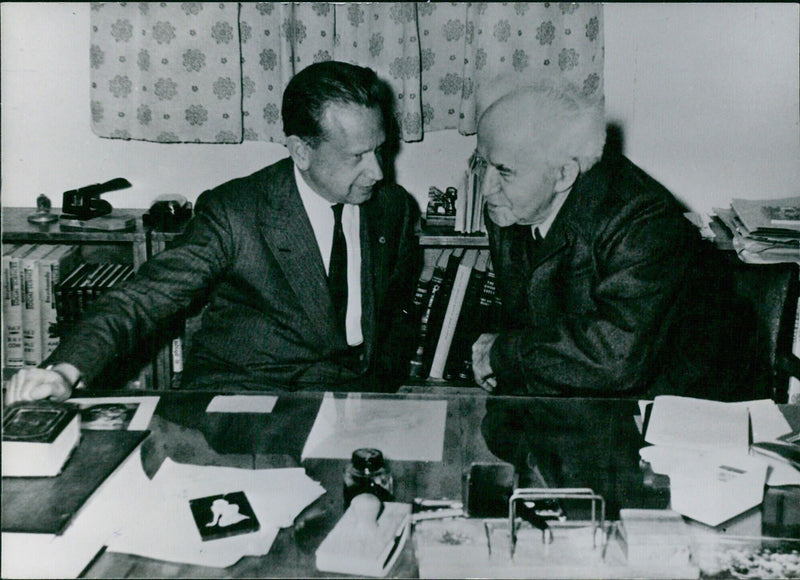 Secretary-General of the United Nations, Mr. Dag Hammarskjoeld and Prime Minister of Israel, Mr. David Ben-Gurion discuss border incident - Vintage Photograph