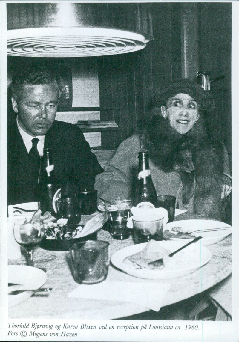 Thorkild Bjørnvig and Karen Blixen at a reception at Louisiana around 1960 - Vintage Photograph