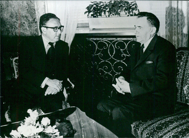 KISSINGER & GROMYKO UPS a crucial meeting between Dr. Henry Kissinger, U.S. Secretary of State (left) and his Soviet opposite number, Foreign Minister Andrei Gromyko, in Vienna in May 1975. - Vintage Photograph