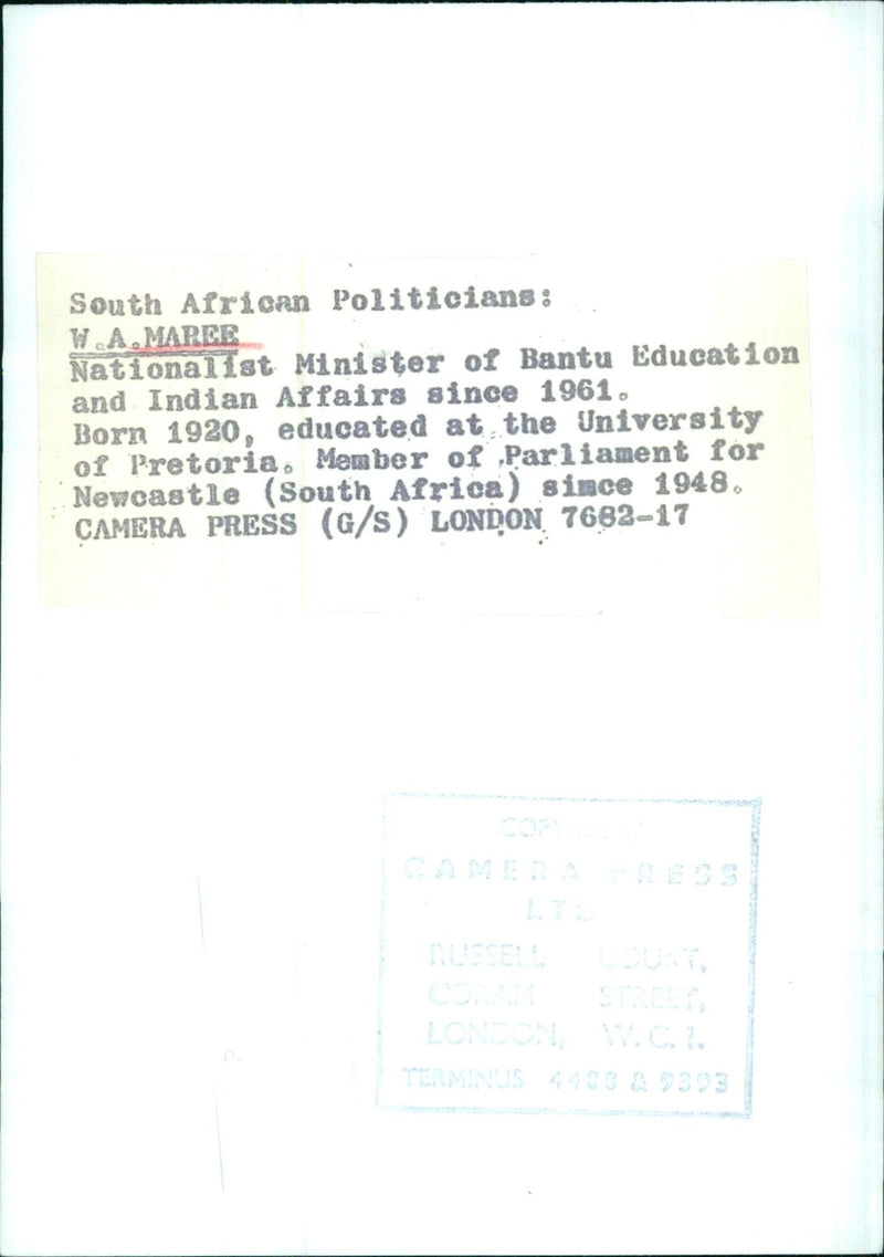 South African Politicians: W.A.MARER - Vintage Photograph