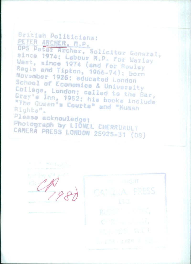 British Politicians: PETER ARCHER. M.P. - Vintage Photograph