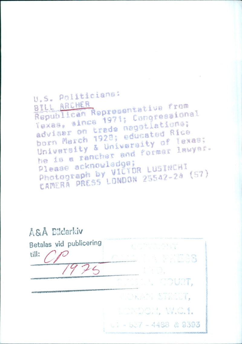 BILL ARCHER - Republican Representative from Texas - Vintage Photograph