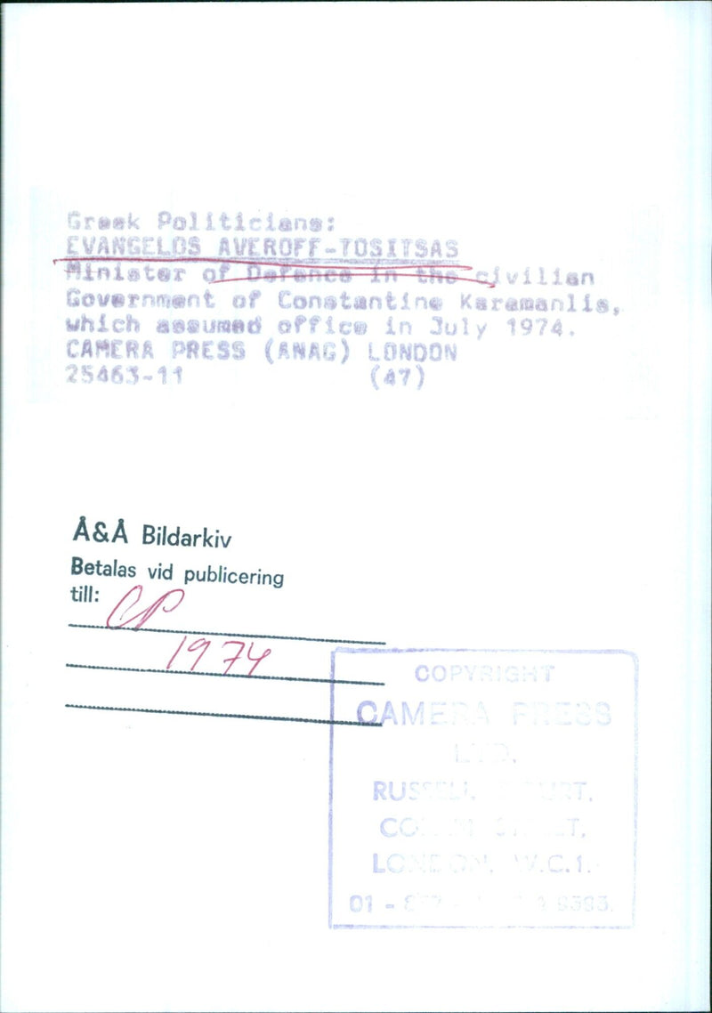 EVANGELOS AVEROFF-TOSITSAS, Minister of Defence in the civilian Government of Constantine Karamanlis - Vintage Photograph