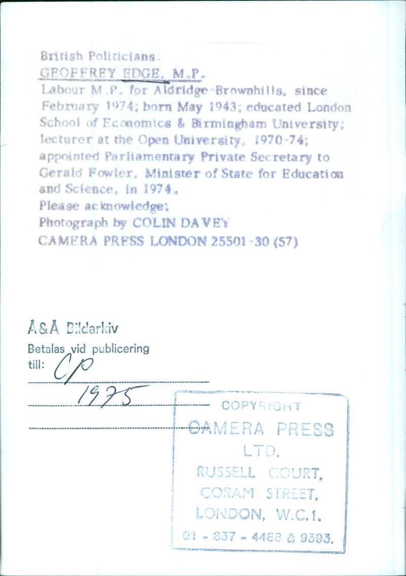 British Politician Geoffrey Edge, M.P. - Vintage Photograph