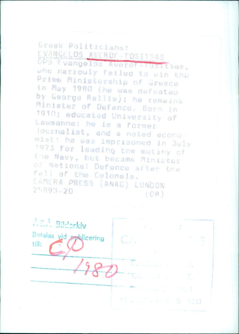 Greek Politician Evanglos Averof-Tositsas - Vintage Photograph